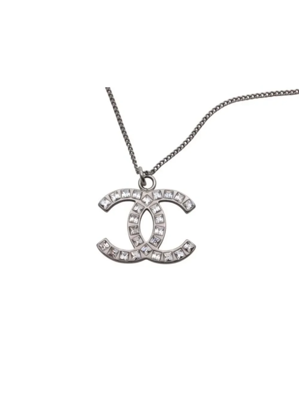 Chanel CC Logo Square Rhinestone Necklace 09 50 Silver Metal